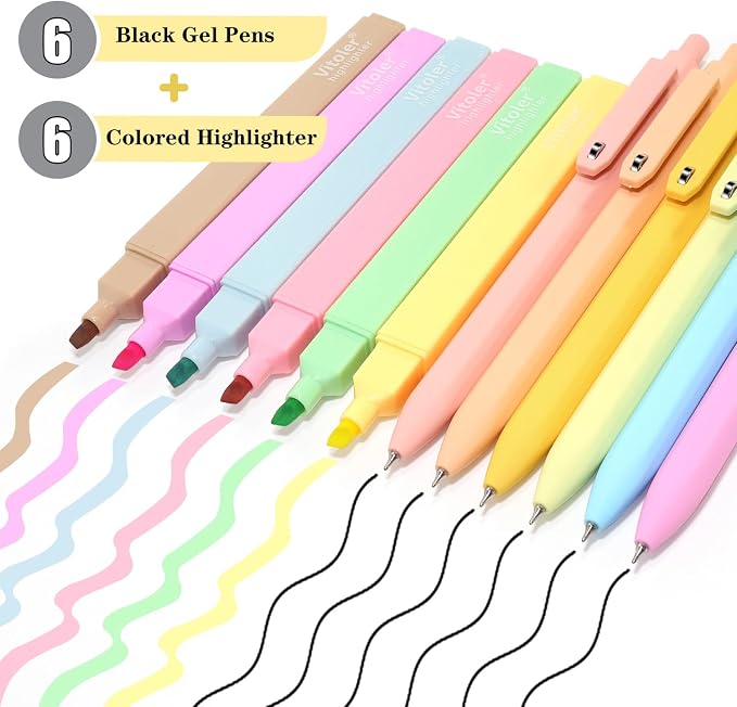 Vitoler Gel Pens and Highlighters，6 Black Ink Pens 0.5mm & Assorted Colors | Bible Highlighters forBible Journaling Planner Best Gifts for Teacher Nurse Mothers Day