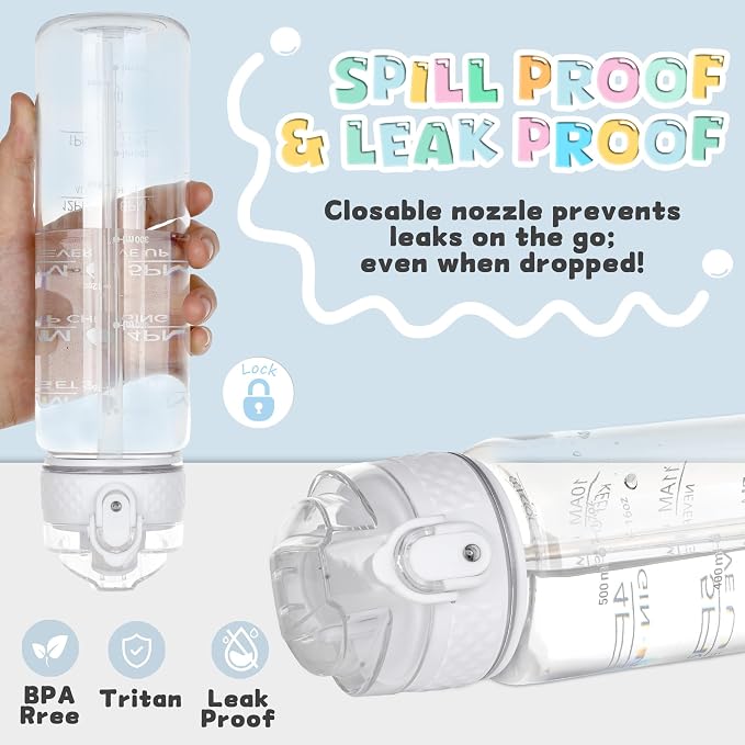 OLDLEY 17oz Kids Water Bottle, Tritan BPA-Free, Leakproof Flip Straw Lid, Motivational Time Marker, Carry Strap, Reusable Clear Water Bottle for Boys & Girls,Clear