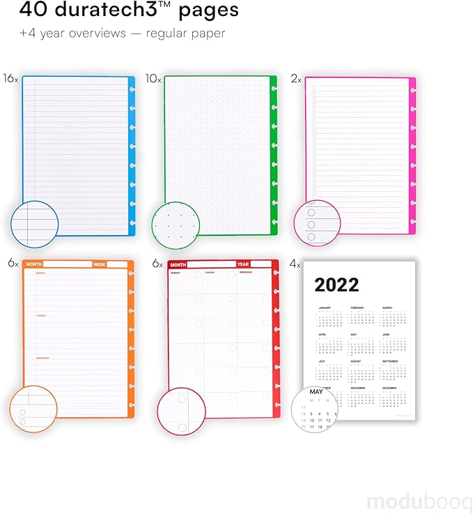 MODUBOOQ organizer, block - Modular Reusable Smart Notebook A5 - Notebook with Tabs & Discbound System - 40 modular pages with duratech3 technology - Washable and writes like paper
