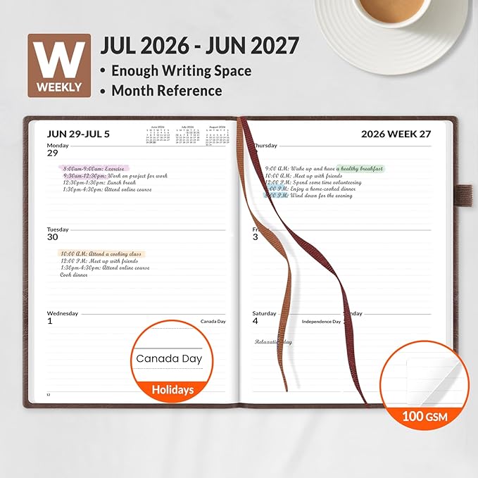 SUNEE 2026-2027 Weekly & Monthly Hardcover Planner 5.5" x 8.3" - 12 Month (July 2026 - June 2027), Small Academic Year Calendar Planner, Pocket, Notes, 100 GSM Paper, Brown