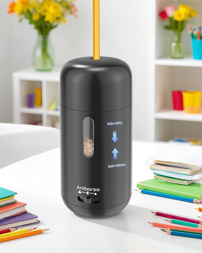 Automatic Electric Pencil Sharpener - Auto Feed, Auto Stop & Auto Eject, Rechargeable for Classroom, Home, School, Office, Black