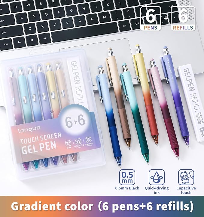 Gel Pens, 0.5mm Quick Dry Black Ink Pens Fine Point Smooth Writing Pens | 3-in-1 Stylus Retractable Gel Pen with Stylus tip, Cute Office School Supplies Gifts for Women Men (6 gel pens + 6 refills)