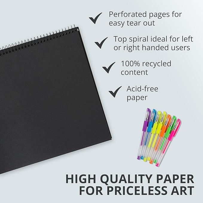 Roaring Spring Black Paper Sketch Book 9" x 9" – 25 Sheets, 70 lb. Heavyweight Pages, Top Spiral Bound, Perforated Acid-Free Drawing Pad for Gel Pens, Metallic Markers, Colored Pencils & Art Projects