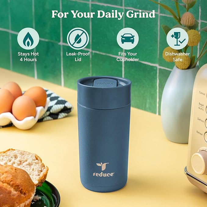 REDUCE Perk 10oz Insulated Coffee Tumbler – Leak-Proof with Lockable Lid and Vacuum Insulation–Durable Stainless Steel–Fits Car Cup Holders – One-Handed Travel Mug in Sand Leopard Print - Mineral Blue