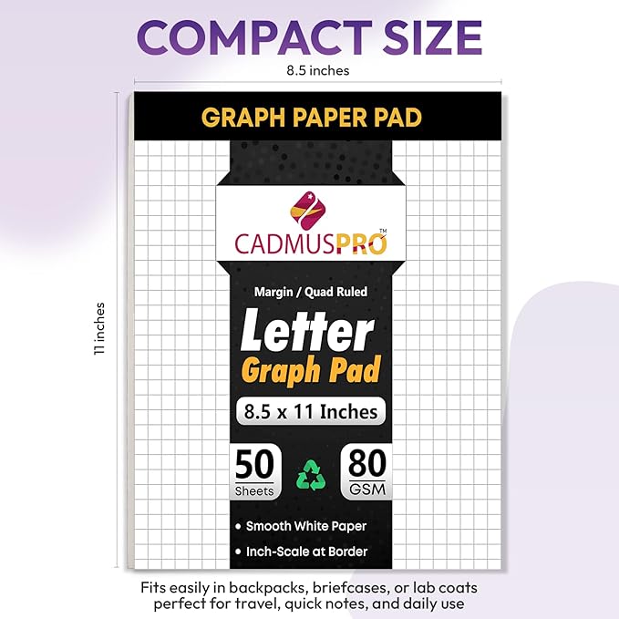 Graph Paper Pads 8.5x11 Inch, 5 Pack 250 Sheets, Double-Sided 80 GSM Quadrille Grid Math Notebook Paper for Students, Engineering Pad, Blueprint Drafting and Architecture Sketch