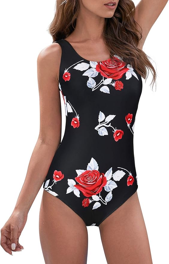 Modest Full Coverage One Piece Swimsuit Floral Bathing Suit Criss Cross Back Swimwear with Built-in Bra
