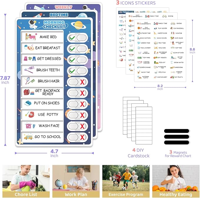 3 in 1 Bedtime/Morning/Weekly Astronaut Routine Chart for Kids, Magnetic Chore Chart for Toddlers, Visual Schedule for Kids Toddlers Schedule Board for Home