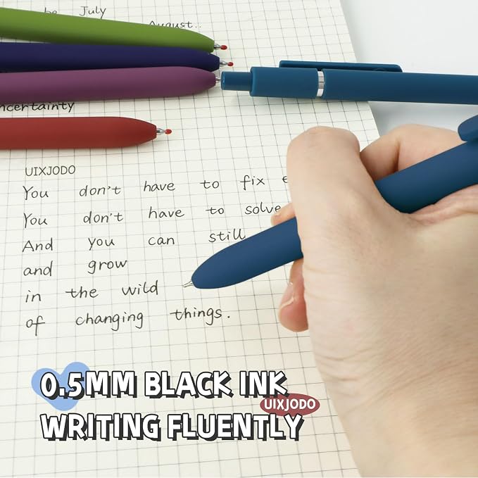 UIXJODO Gel Pens, 5 Pcs 0.5mm Black Ink Pens Fine Point Smooth Writing Pens with Silicone Grip, High-End Series Metal Clip Retractable Pens for Journaling Note Taking (Vintage)