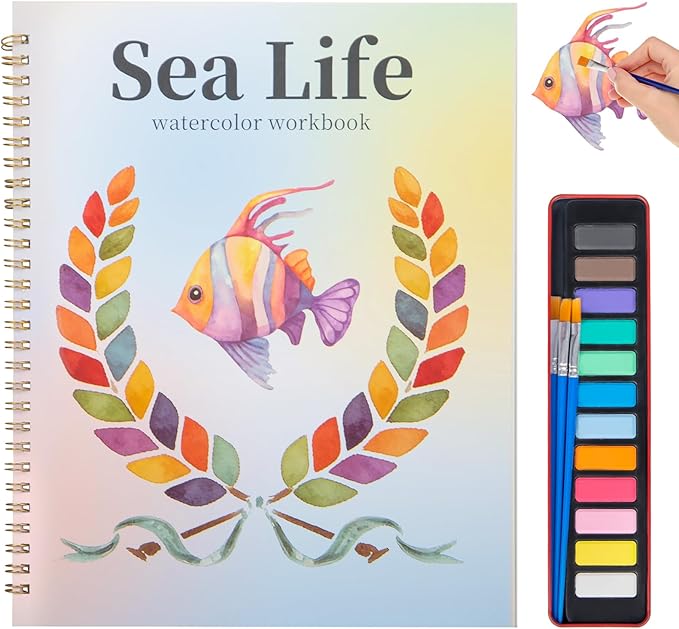 Beginner Watercolor Painting Kit, 12 Colors & 3 Brush with Multi-Theme Painting Set, Outline Art Supplies for Teens Adults (Fish)，10.23 * 8.26in.