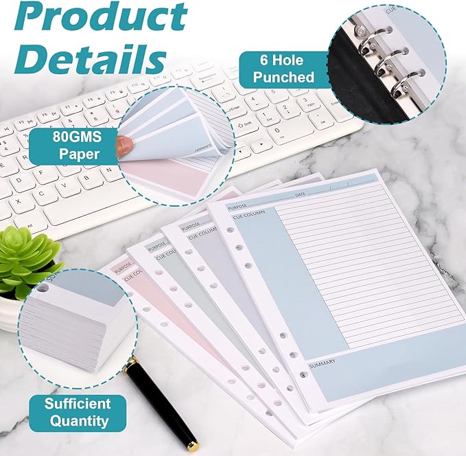 400 Sheet Cornell Notes Refill Paper A5 Planner Inserts for 6 Ring Binder 0.2" Spacing A5 Loose Leaf Cornell Notebook Refills Taking System Filler Paper Bulk for School Office Business 80gsm