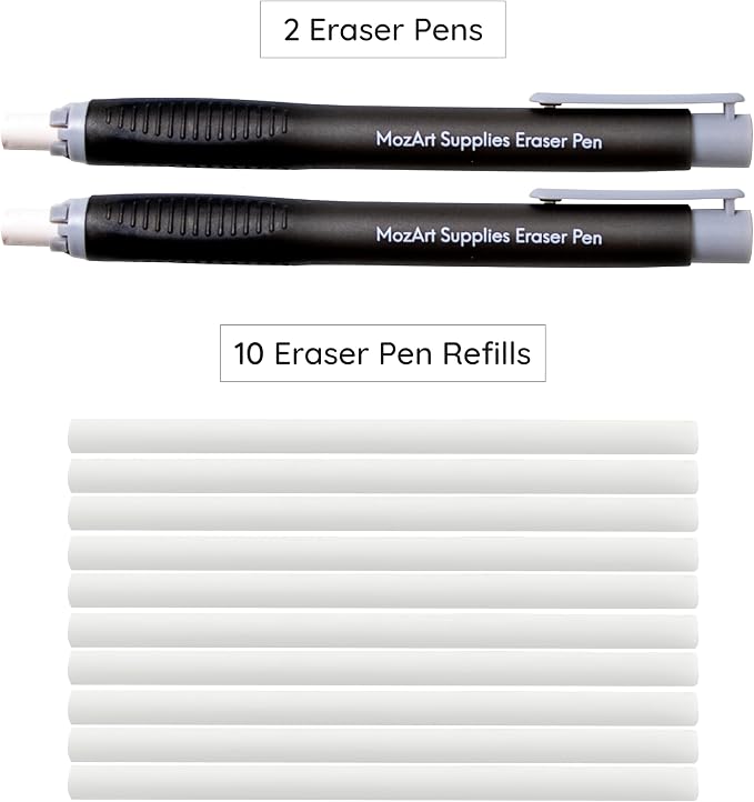 MozArt Eraser Pen Set 2 Pens + 10 Jumbo Refills for Mechanical Pencil | Precision Eraser Pens for Sketch, Drafting, Architecture & Art – Refillable Design for Artists, Students & Architects