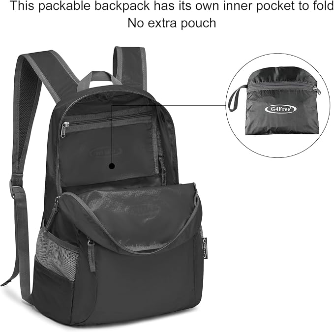 G4Free 20L Small Packable Travel Hiking Backpack for Men Women | Lightweight Foldable Waterproof Daypack for Outdoor, Black
