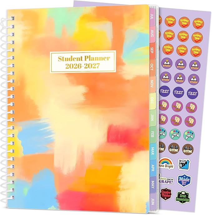 Student Planner 2026-2027, SUNEE Middle or High School Datebooks Student Planner for Academic Year Jul. 2026 - Jun. 2027, 6.5" x 8.3" Lesson Plan Book with Bookmark, Planning Stickers, Pastel Draw