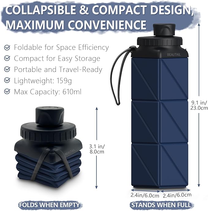 BEAUTAIL Collapsible Water Bottles 21 oz, Silicone Portable Water Bottle | BPA Free, Leakproof & Reusable, Foldable Water Bottle for Travel, Hiking, Camping, Cycling, School, Gym, 1-Pack, DarkBlue