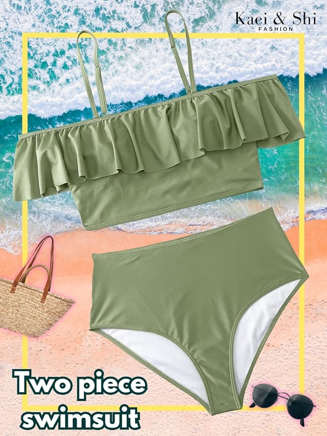 Kaei&Shi High Waisted Flounce Bikini Set,Tummy Control Swimsuits for Women,Off Shoulder