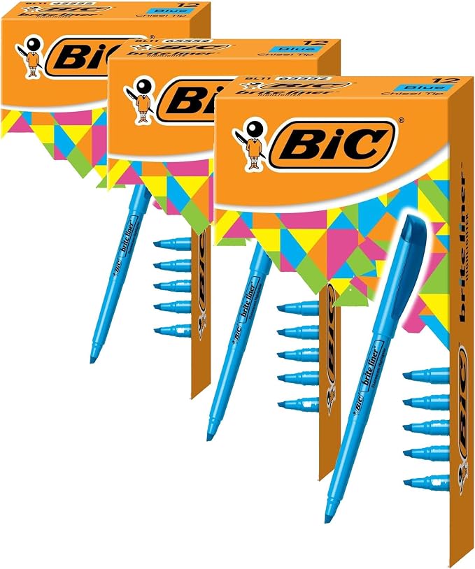 BIC Brite Liner Highlighters, Chisel Tip, 12-Count Pack of Blue Highlighters, Ideal Highlighter Set for Organizing and Coloring (Pack of 3)