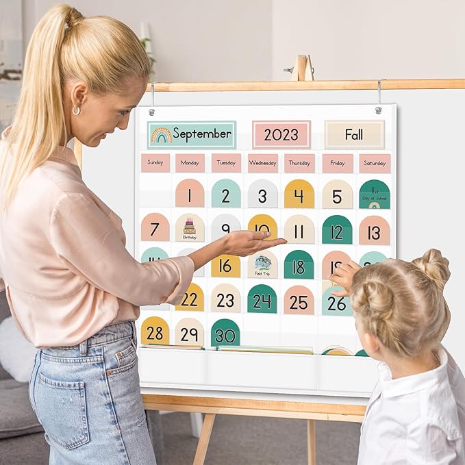 Eamay Boho Calendar Pocket Chart with 90 Cards for Kids Learning,Classroom and Home School Décor,White