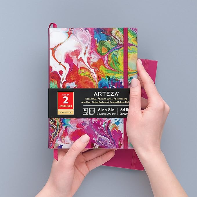 ARTEZA Dotted Journals, Set of 2, 6x8 Inches, 96 Sheets, Acrylic Pouring Design and Dark Pink, Aesthetic Notebooks with Smooth Paper