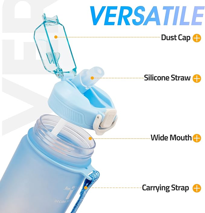 YC Kitchen Motivational Water Bottle with Time Marker- 32oz Water Bottles with Times to Drink, Leakproof & BPA Free Sports Water Bottle with Straw & Carry Strap for Fitness, Gym, and Outdoor Sports