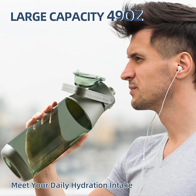 Water Bottle, 49oz Motivational Sports Water Bottle with Handle -Tritan, BPA Free, Leakproof, Wide Mouth, Tritan Water Bottle with Fast-Flow Spout Lid for Gym, School, Office, Travel