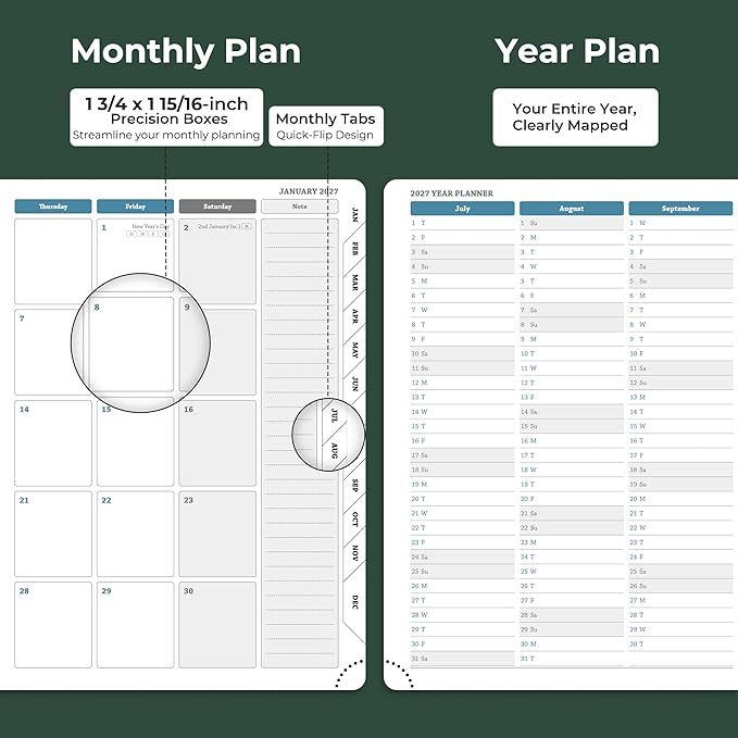 Planner 2026-2027 Daily Weekly and Monthly,11.5"x8.5",18 Months Spiral Bound Calendar Agenda with Self-adhesive Pen Holder,2026 Academic Plan with Vegan Leather Soft Cover,Green