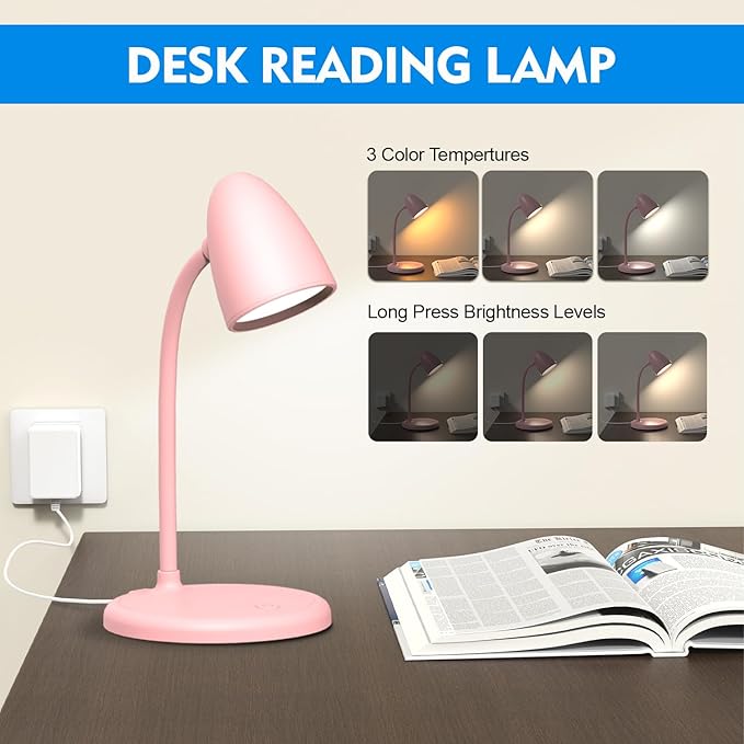 LED Desk Lamp for Home Office,3 Light Colors, Table Lamp,Dimmable Reading Light for Bedside Small Desk Lamp for College Dorm Room,Bedroom Desk Light Pink