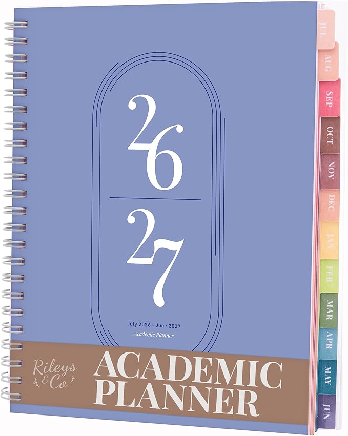 Rileys Academic Planner 2026-2027, Daily, Weekly & Monthly Planner, July 2026 - June 2027, Student Notes Pages, Twin-Wire Binding, Weekly Agenda for School & Work (8 x 6-Inches, Blue)