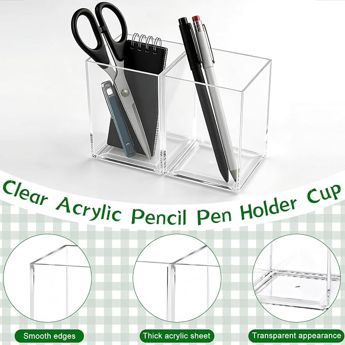 AZUREAL 4 Pack Clear Acrylic Pen Holder Cup, Clear Makeup Brush Holder, Thickened Acrylic Desktop Stationery Organizer for Office, School, and Home Storage