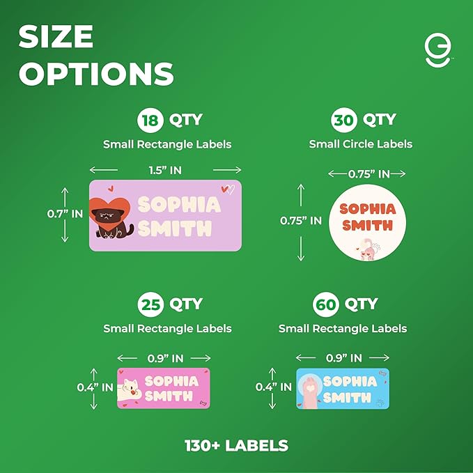EGD Personalized Name Tag Stickers for Kids (130+ Pack) | Cat Waterproof Labels for School Supplies, Bottles & Lunch Boxes | Custom Vinyl Name Labels for Clothing, Toys & More (F. Cats)