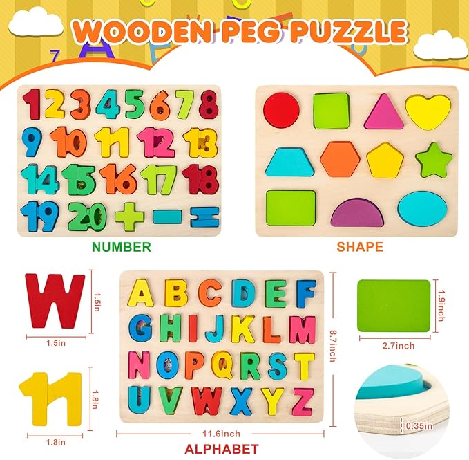 Attmu Wooden Puzzles for Toddlers, 3 Pcs Alphabet Puzzle ABC Shape Number Puzzle, Learning Toys for Kids, Preschool Educational Activities Toddler Gift Toys for Girls Boys Christmas Valentines Easter
