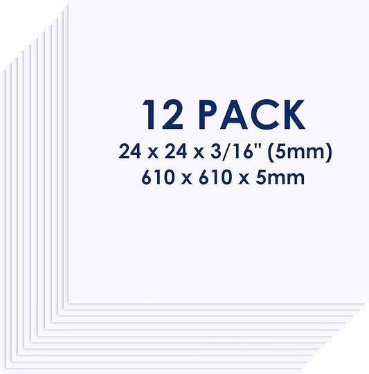Foam Board 24 x 24 x 3/16" (5mm) - 12 Pack - White Poster Board, Acid Free, Double Sided, Rigid, Sign Board Foamboard for Mounting, Crafts, Paintings Prints, Art, Display, Presentation and Projects