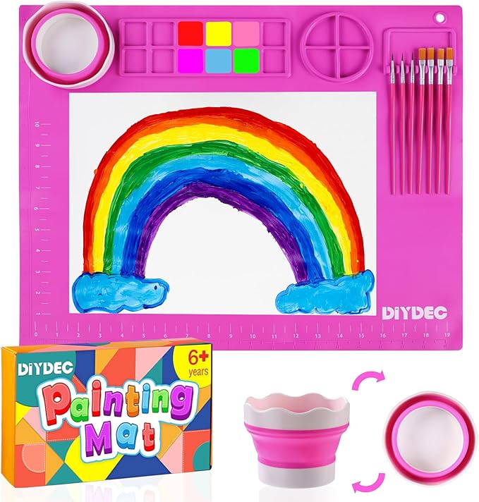 DIYDEC Silicone Painting Mat for Kids 20X16 Inch Large Art Mat with Detachable Cup &10 Painting Brushes Craft Sheets for Boy Girl Birthday Gift DIY Accessories (Rose Red)