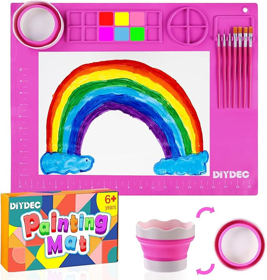 DIYDEC Silicone Painting Mat for Kids 20X16 Inch Large Art Mat with Detachable Cup &10 Painting Brushes Craft Sheets for Boy Girl Birthday Gift DIY Accessories (Rose Red)