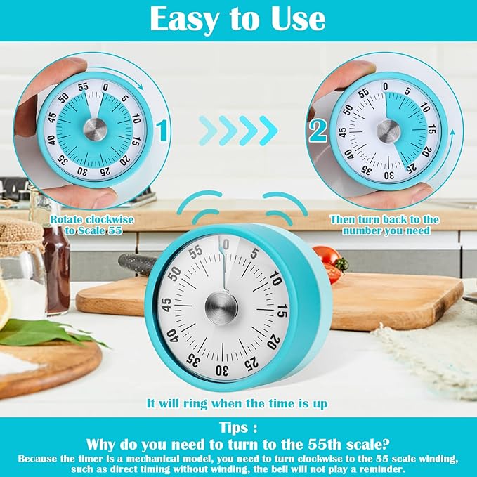 Kitchen Timer, 60-Minute Visual Timer for Kids & Adults, Wind Up Timer with Magnetic Backing, Loud Ring Timers for Classroom, Study, Cooking, Exercise