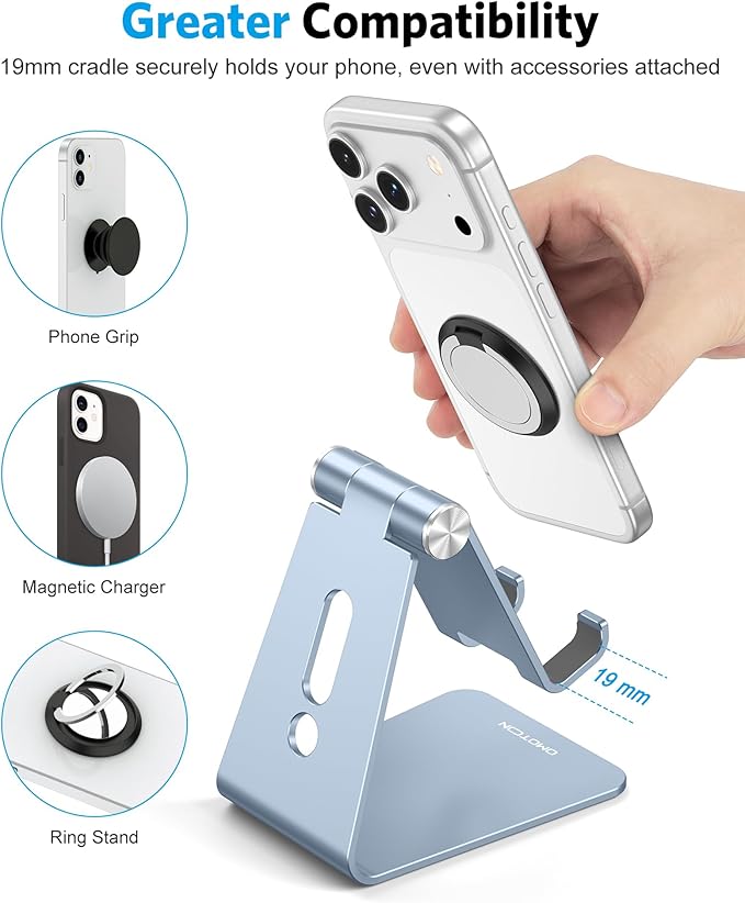 OMOTON Adjustable Cell Phone Stand, Aluminum Desktop Cellphone Stand with Anti-Slip Base and Convenient Charging Port, Fits All Smart Phones, Light Blue
