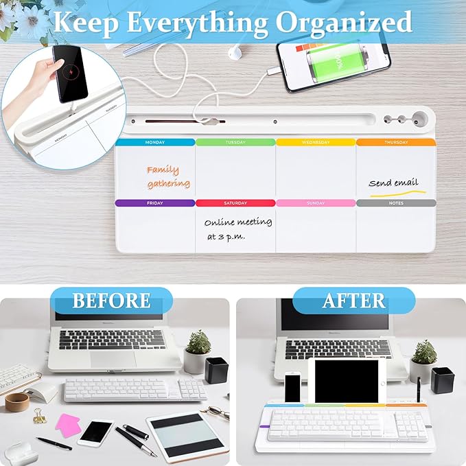 DOLLAR BOSS Glass Desk Whiteboard Calendar Small Dry Erase Board Desktop White Board with Storage Drawer Computer Keyboard Stand Desk Organizer, Colorful Weekly Calendar, White
