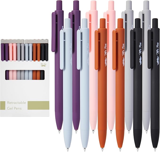 Mr. Pen- Retractable Gel Pens, 12 Pack, Black Ink, Earthly Neutrals Barrel, Fine Point 0.5mm, Fast Dry, Smooth Writing, Cute Pens for Drawing, Writing Planner and School Supplies