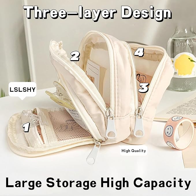 LSLSHY Big Capacity Pencil Case Large Three-ply Zipper Pen Pouch Office School Stationery Supplies for Teen Girls Boys Students (Beige)