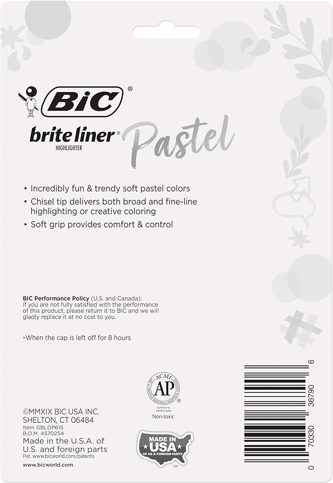 BIC Brite Liner Grip Pastel Highlighter Set, Chisel Tip, 6-Count Pack of Pastel Highlighters in Assorted Colors, Cute Highlighters for Bullet Journaling, Note Taking and More