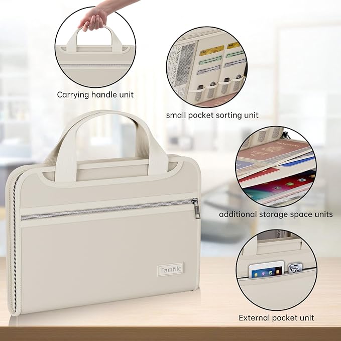 Tamfile Fireproof Accordion File Organizer with Handle, 13 Pocket Colorful Expanding File Folder with Zipper & Labels, File Folder with Multi-Pockets Paper Organizer Folder for Letter A4 Files (Beige)