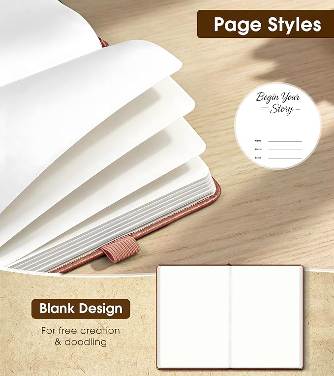 Journal Notebook, A5 Leather Hardcover Blank Sketchbook, 160 Pages, 180° Lay-Flat Binding, 100 GSM Thick Paper, for Sketching, Drawing, Art Journaling & Creative Writing (Pink)