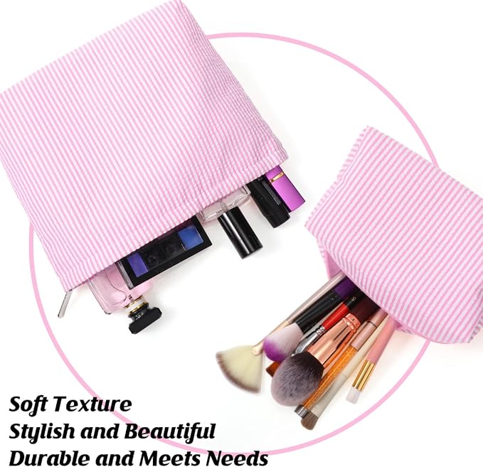 Huhumy 2 Pcs Makeup Bag Set for Women, Pink, Thin Striped Seersucker | Cute Cosmetic Pouch Women Travel Toiletry Bag Preppy Small Makeup Purse Pouch Aesthetic Skincare Brushes Storage Organizer