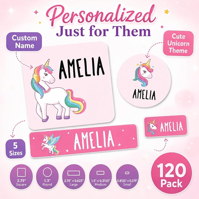 Andaz Press Custom Personalized Waterproof School Name Labels, Unicorn, 120-Pack, Kids Labels Combo Pack, Customizable Multi-Use Name Stickers Personalized Name Stickers Back to School Supplies