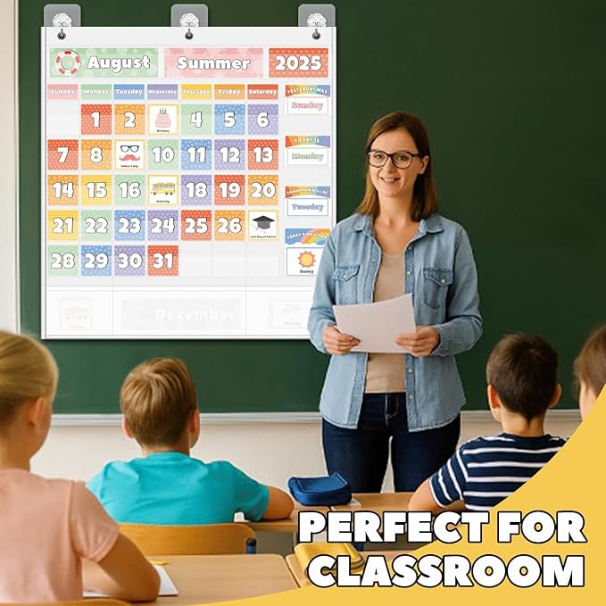 All-in-One Calendar Pocket Chart for Morning Meeting - Interactive Preschool Learning Board with Days, Dates, Months, Seasons & Weather Display (Bright Rainbow,Homeschool/Daycare)