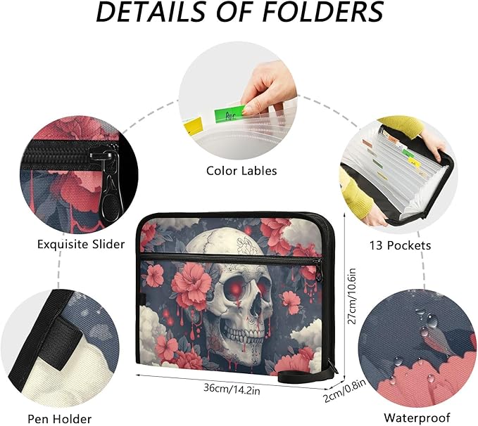 Skull Head with Flower 13 Pocket File Organizer Expanding File Folder with Front Pouch Portable Business Fire Storage Document Organizer Folder with Zipper