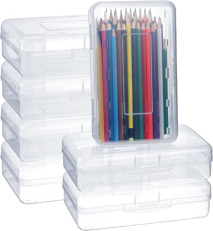 Leelosp 12 Pack Clear Pencil Boxes for School Bulk, Large Plastic Pencil Case with Lid, Stackable Hard Crayon Storage Box for Classroom Kids, Desk Drawer Organizer for Office Home(Clear)
