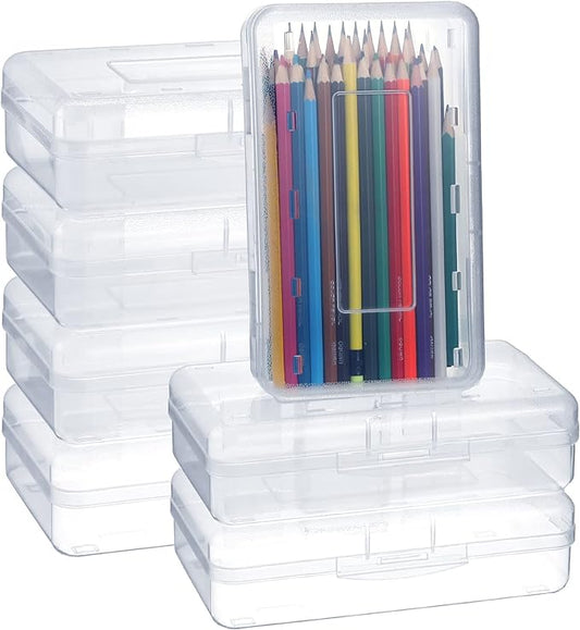 Leelosp 12 Pack Clear Pencil Boxes for School Bulk, Large Plastic Pencil Case with Lid, Stackable Hard Crayon Storage Box for Classroom Kids, Desk Drawer Organizer for Office Home(Clear)