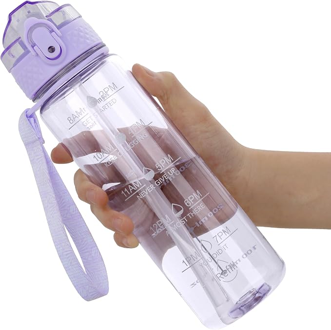 OLDLEY 17oz Kids Water Bottle, Tritan BPA-Free, Leakproof Flip Straw Lid, Motivational Time Marker, Carry Strap, Reusable Clear Water Bottle for Boys & Girls,Amethyst