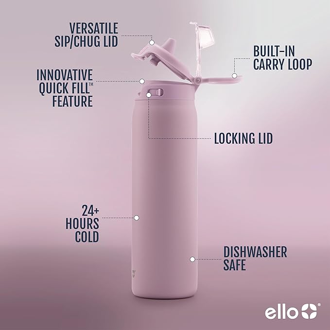 Ello Pop & Fill 22oz Stainless Steel Water Bottle with Quick Fill Technology, Double Walled and Vacuum Insulated Metal, Leak Proof Locking Lid, Sip and Chug, Reusable, BPA Free, Mauve