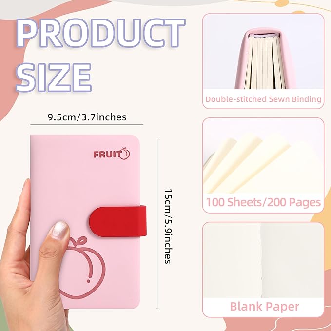 BOBO RABBIT Blank Journal Small Pocket Leather Notebook No Lines for Drawing Plain Sketch Book Cute Cartoon Fruit Peach Unlined Journal for Travel Work School, 200 Pages, 3.7"X5.9"